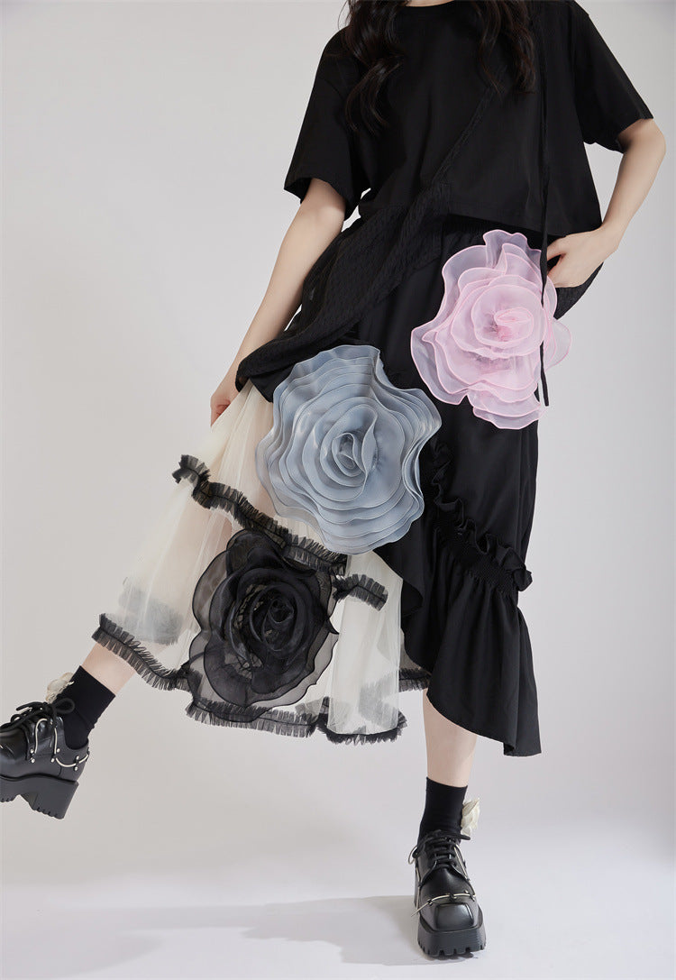 French Vintage Mesh Panel Rose Flare Skirt X3234