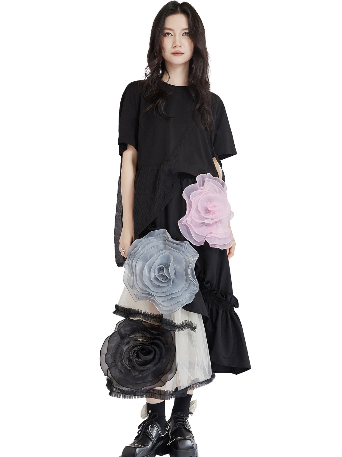 French Vintage Mesh Panel Rose Flare Skirt X3234