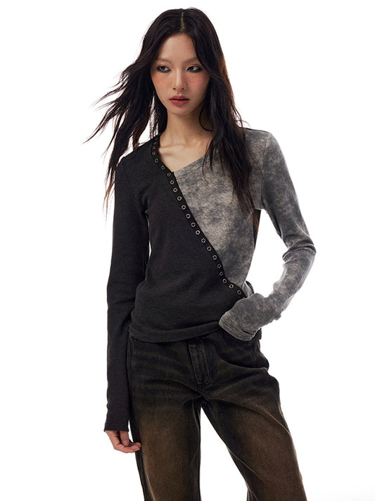 Splicing Contrast Colour V-Neck Tops X3190