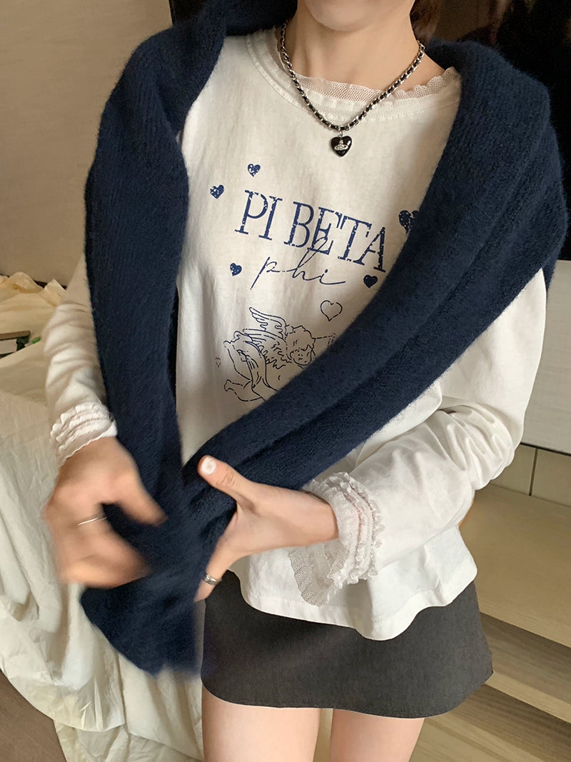 甜美蕾絲拼布長袖T卹 X3198