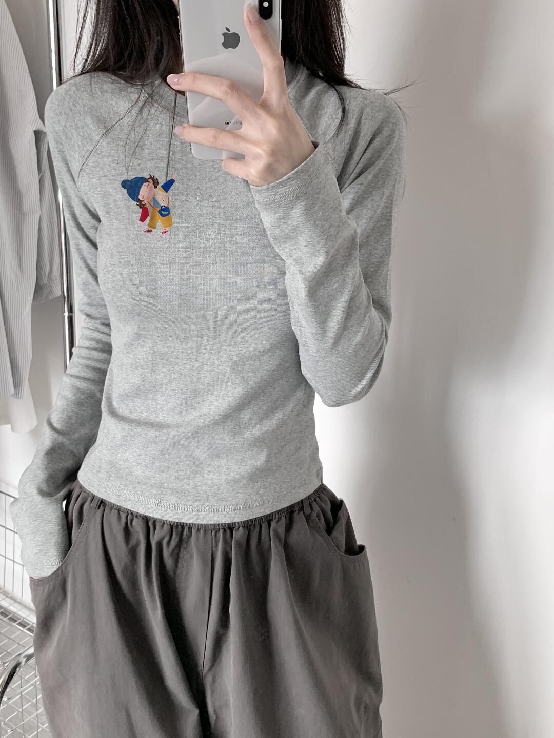 灰色修身上衣長袖T卹 X3109
