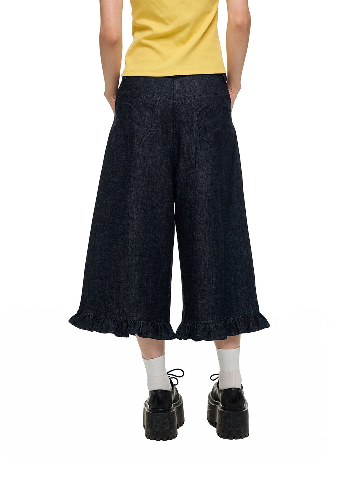 Washed Denim Wide-Leg Cropped Pants X3335