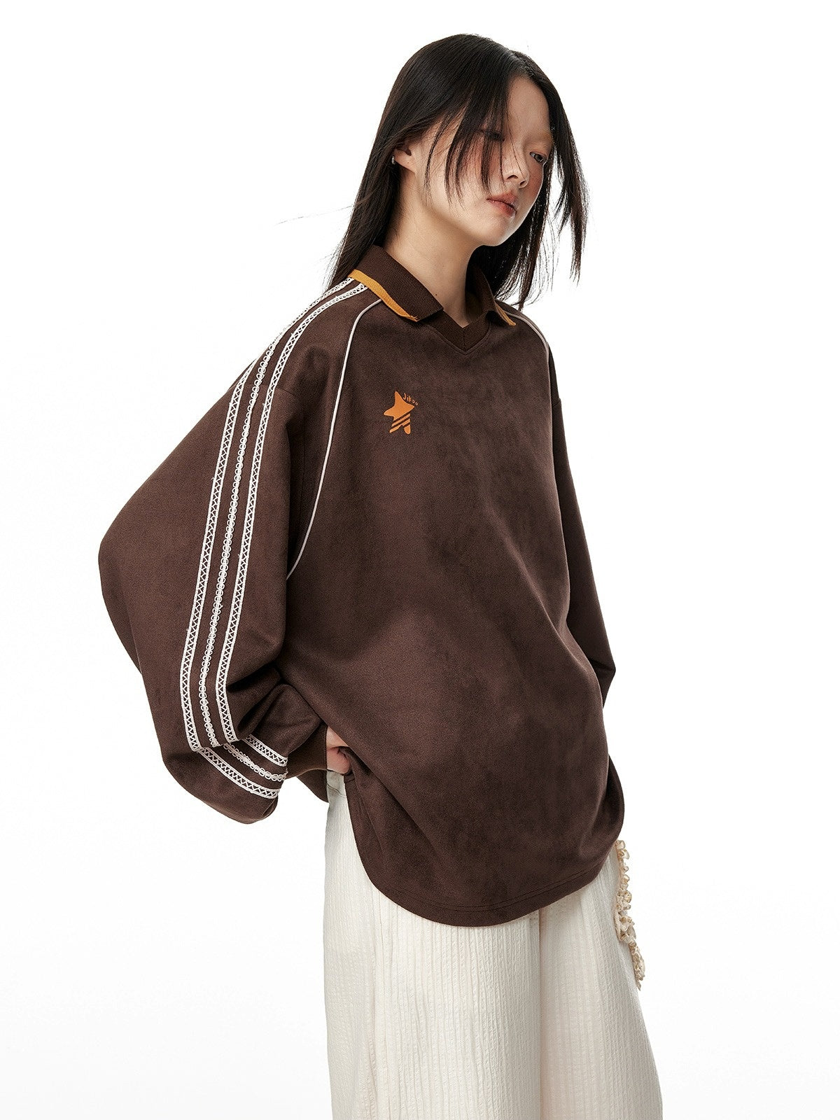 Cocoa Brown Suede Lace Patchwork V-Neck Pullover Sweatshirt X3330