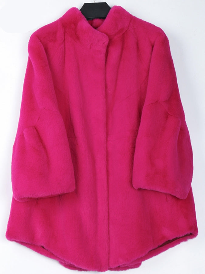 Faux Fur Stand Collar Bell Sleeve Medium Coat X2525