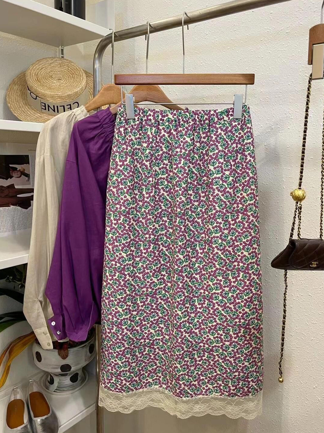 Purple Floral Lace Midi Skirt X3223