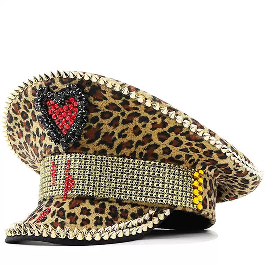 Studded Decorated Leopard Flat Top Hat X2917