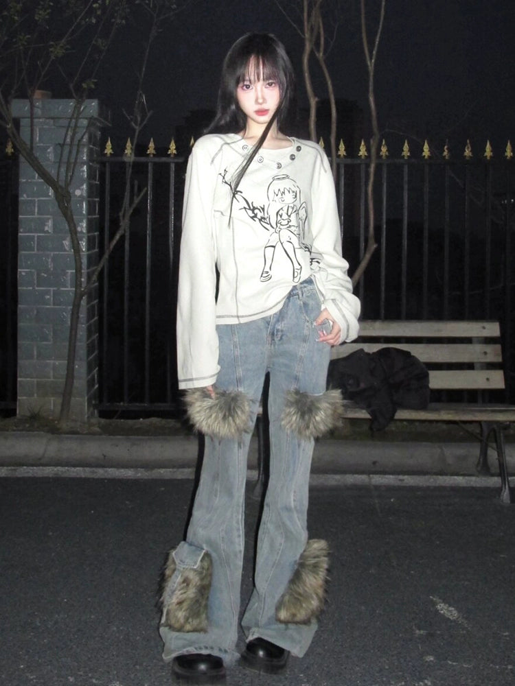 明線天使印花長袖 T 卹 X3203