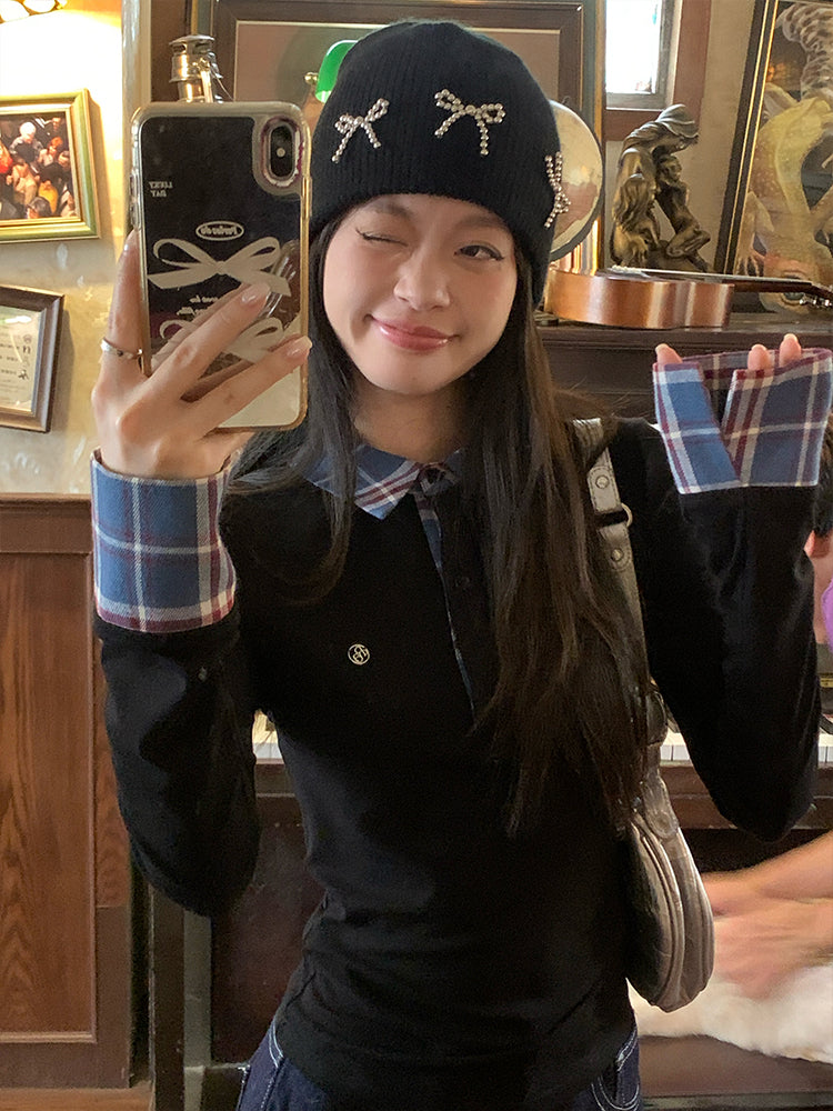 Polo領格紋層疊長袖T卹 X3157