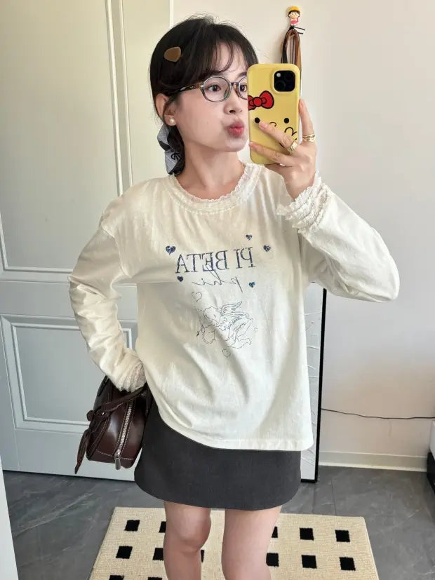 甜美蕾絲拼布長袖T卹 X3198