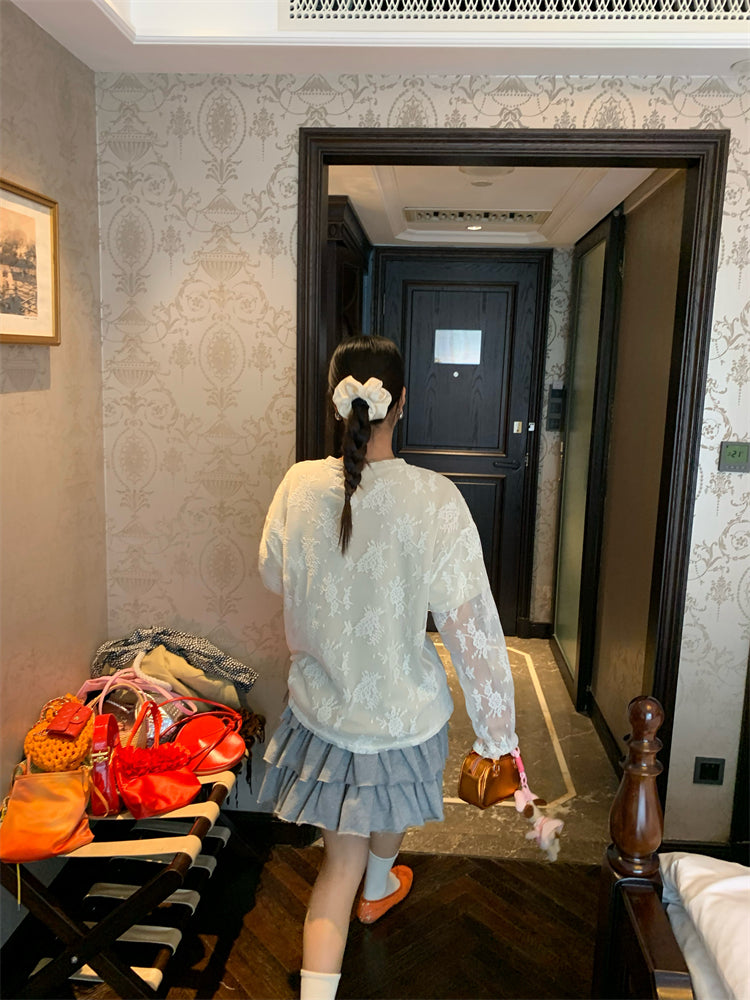 蕾絲層設計長袖T卹 X3124