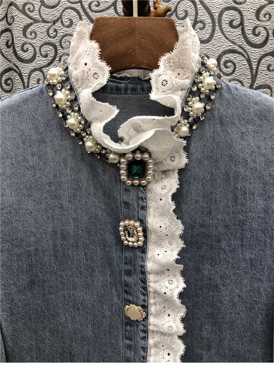 【Limited Stock】Stand Collar Frill Denim Shirt X2501