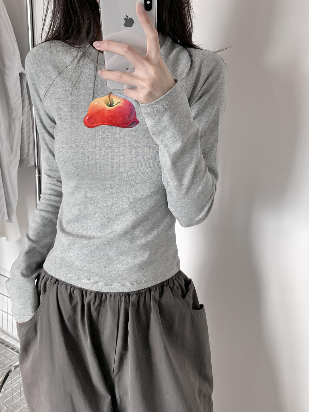 灰色修身上衣長袖T卹 X3109