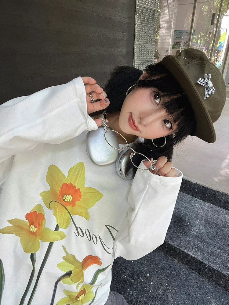 花朵印花長袖T卹 X3099