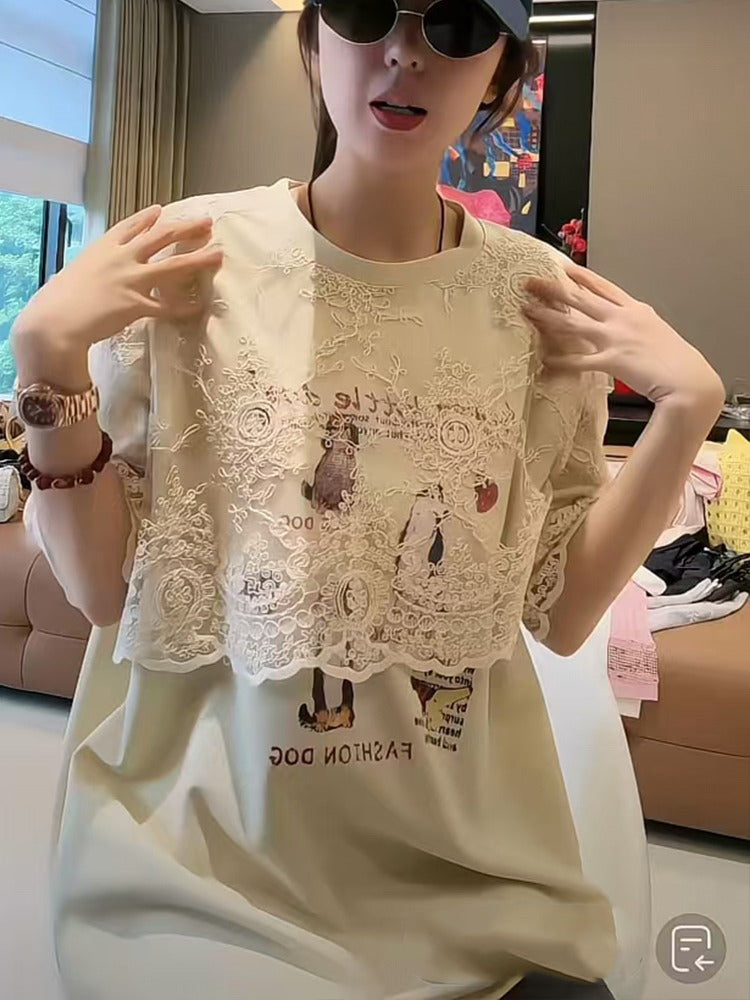 Layered-Style Lace Patchwork T-Shirt X3287