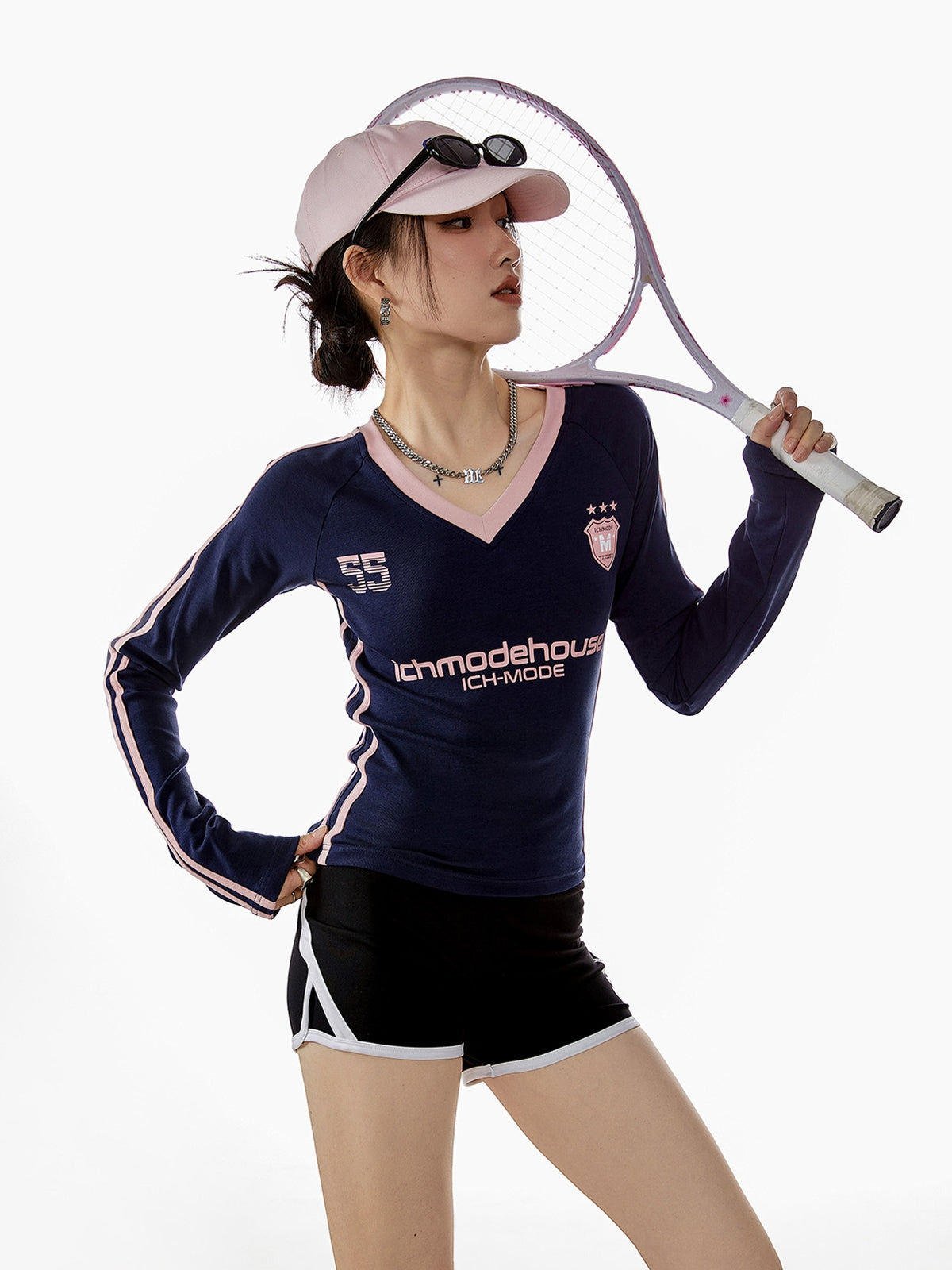 V 領長袖短針織 T 卹 X3210