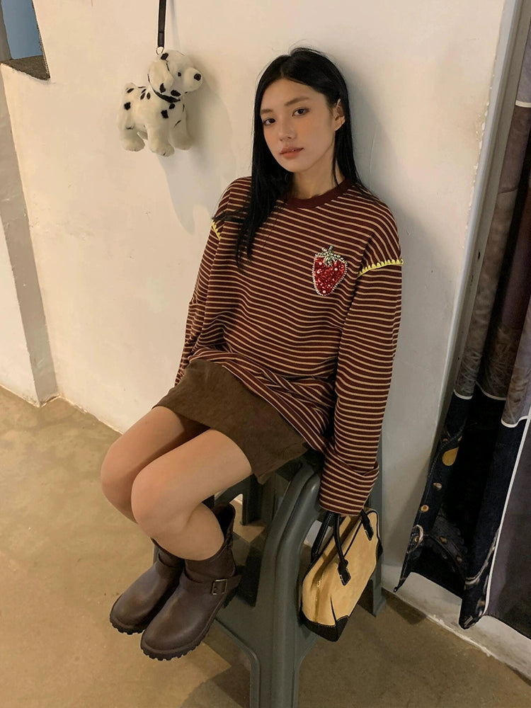 草莓亮片休閒條紋寬鬆T卹X3195