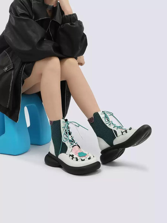 Colorblock Chunky Platform Lace-Up Mid Boots X3483