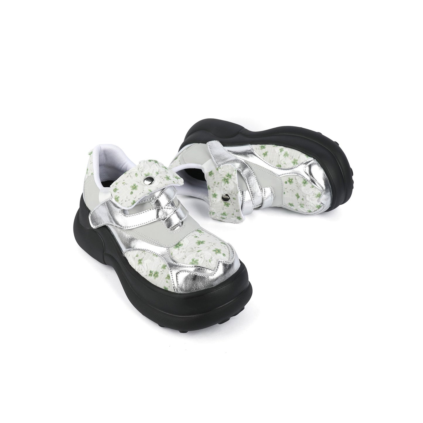Floral Print & Silver Chunky Platform Velcro Shoes X3478
