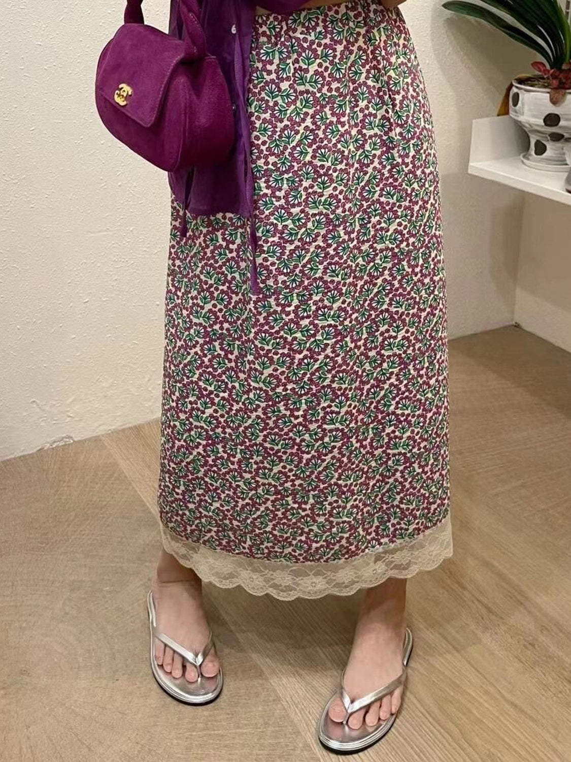 Purple Floral Lace Midi Skirt X3223