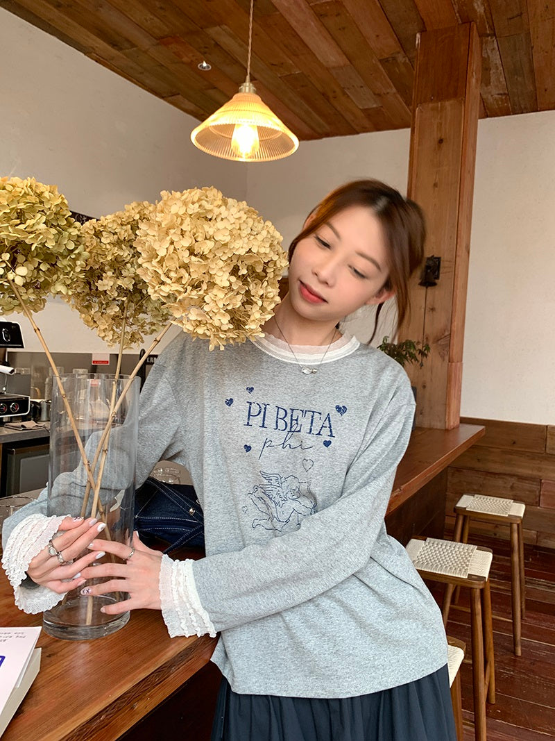 甜美蕾絲拼布長袖T卹 X3198