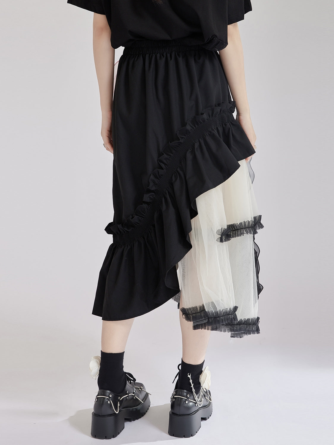 French Vintage Mesh Panel Rose Flare Skirt X3234