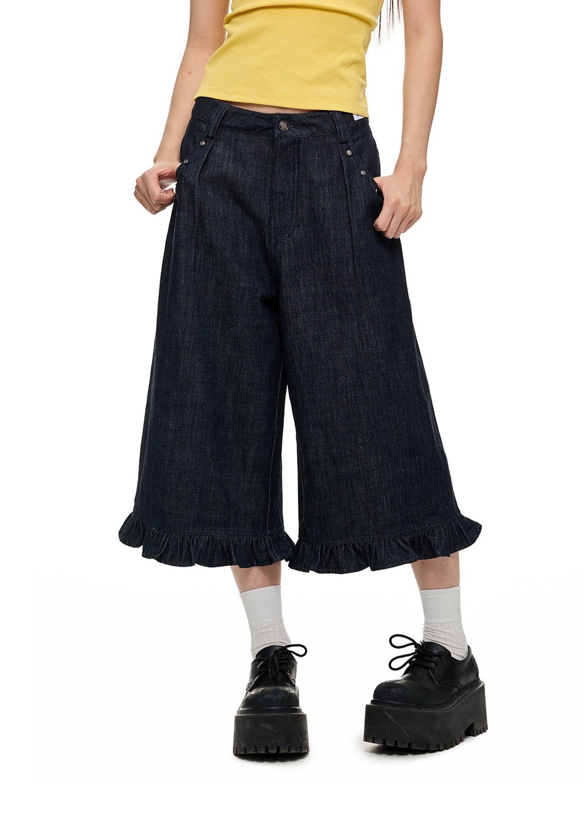 Washed Denim Wide-Leg Cropped Pants X3335