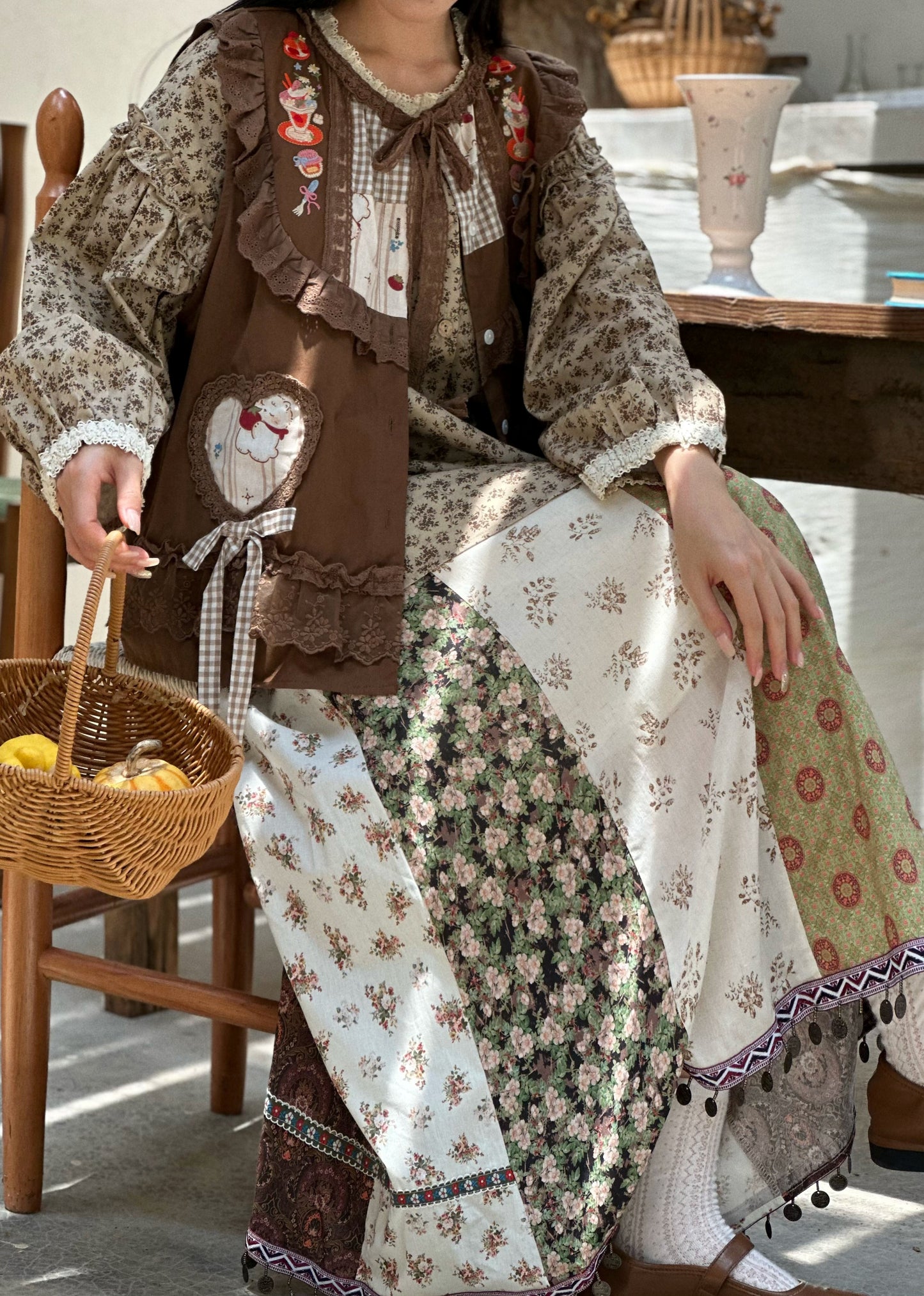 Vintage Country Patchwork Floral Long Skirt X3364