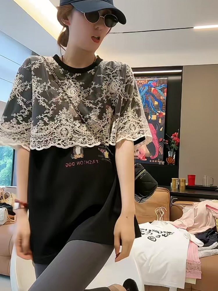 Layered-Style Lace Patchwork T-Shirt X3287