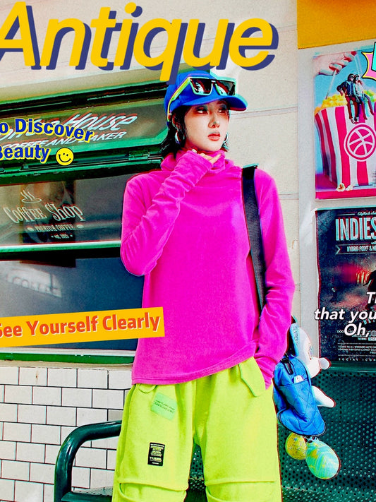 Fluorescent Color-Block Fleece High-Neck Top X3474