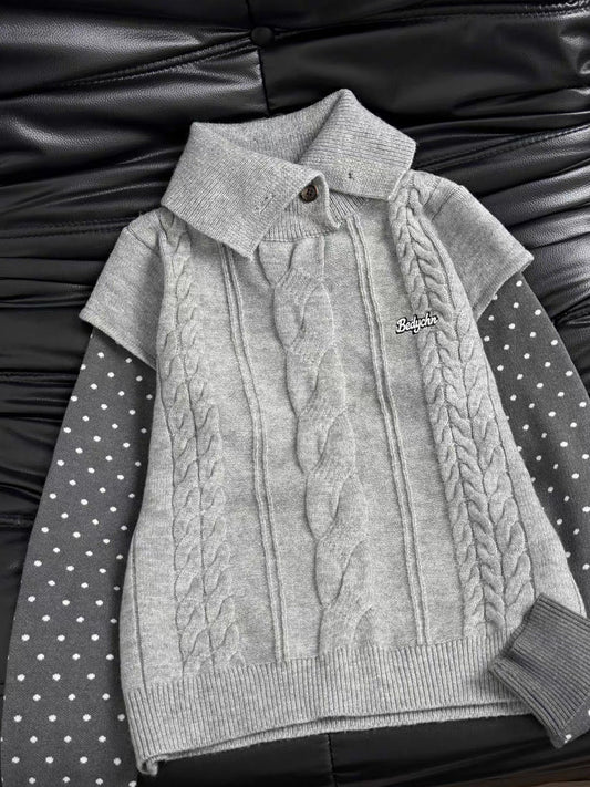 Polka Dot Sleeve Layered Cable Knit Sweater X3726