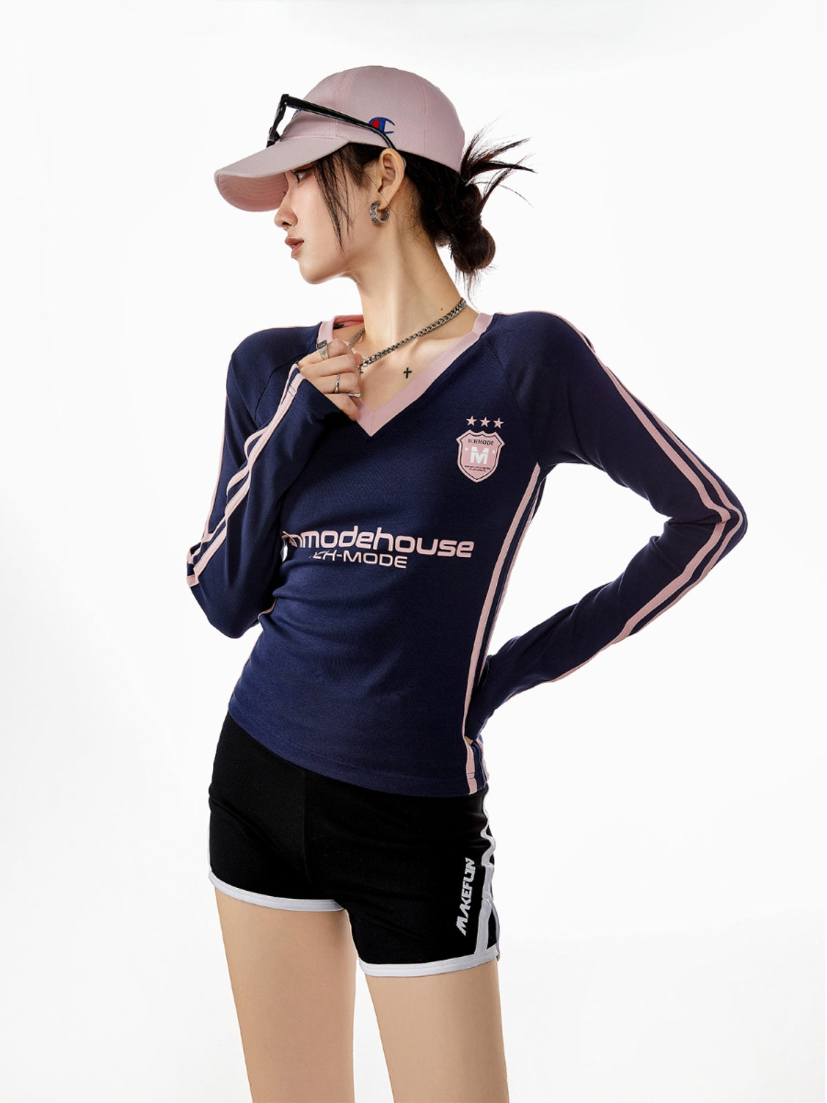 V 領長袖短針織 T 卹 X3210