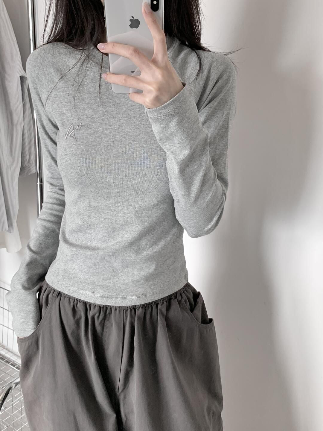 灰色修身上衣長袖T卹 X3109