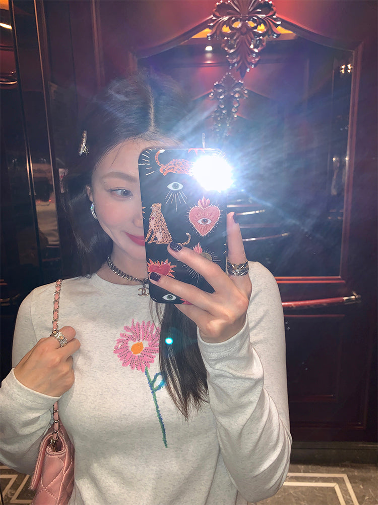 水鑽花朵印花長袖T卹 X3171