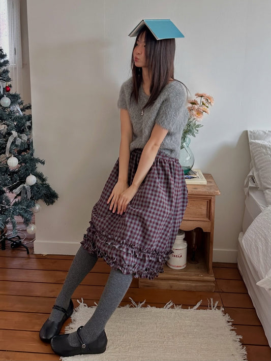 Patchwork Check Frill Midi Skirt X3715