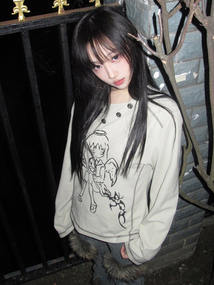 明線天使印花長袖 T 卹 X3203