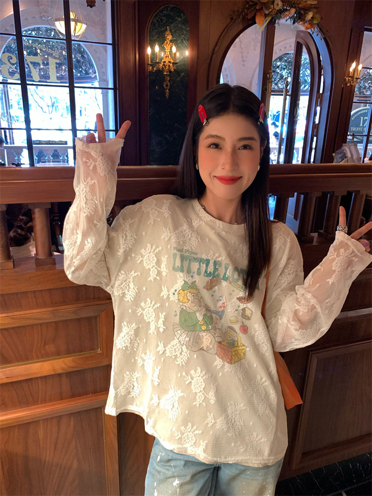 蕾絲層設計長袖T卹 X3124