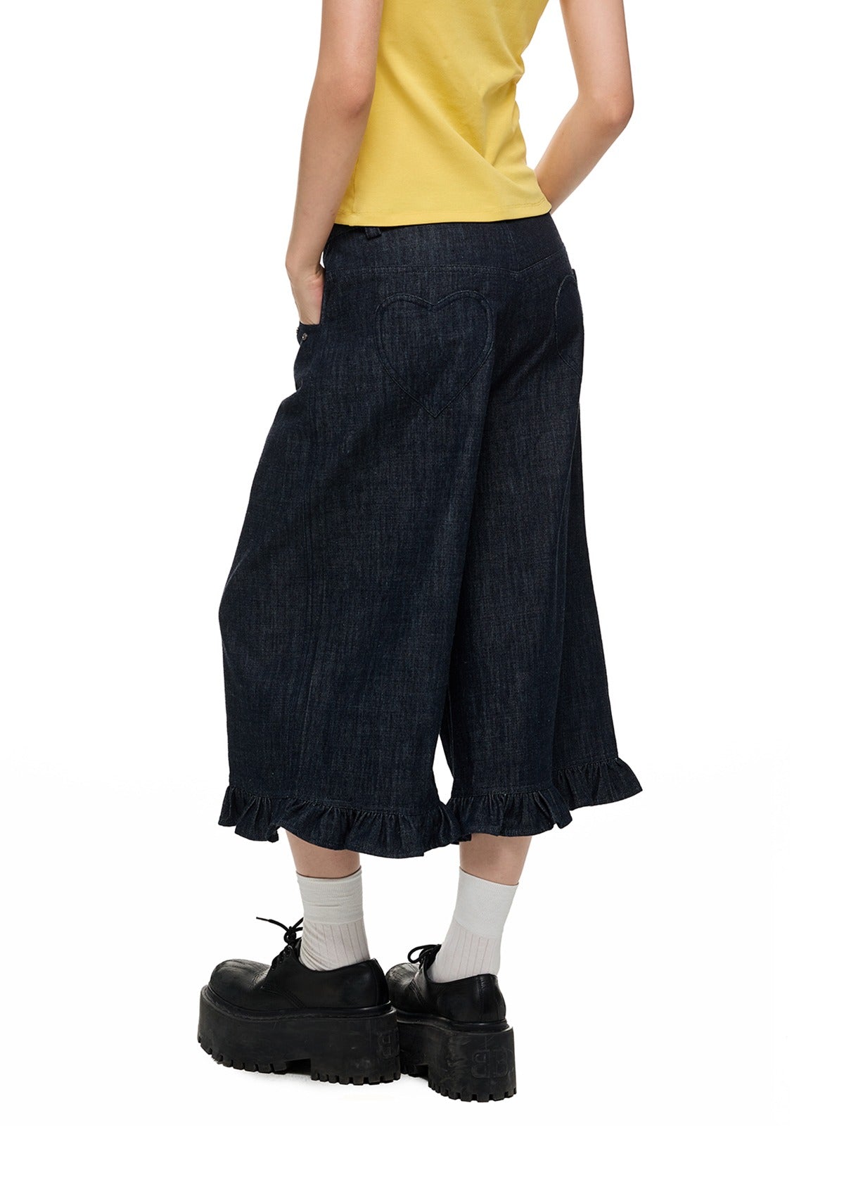 Washed Denim Wide-Leg Cropped Pants X3335