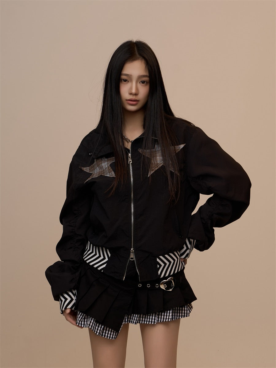 Spring New Black Plaid Star Oversized Jacket X3390