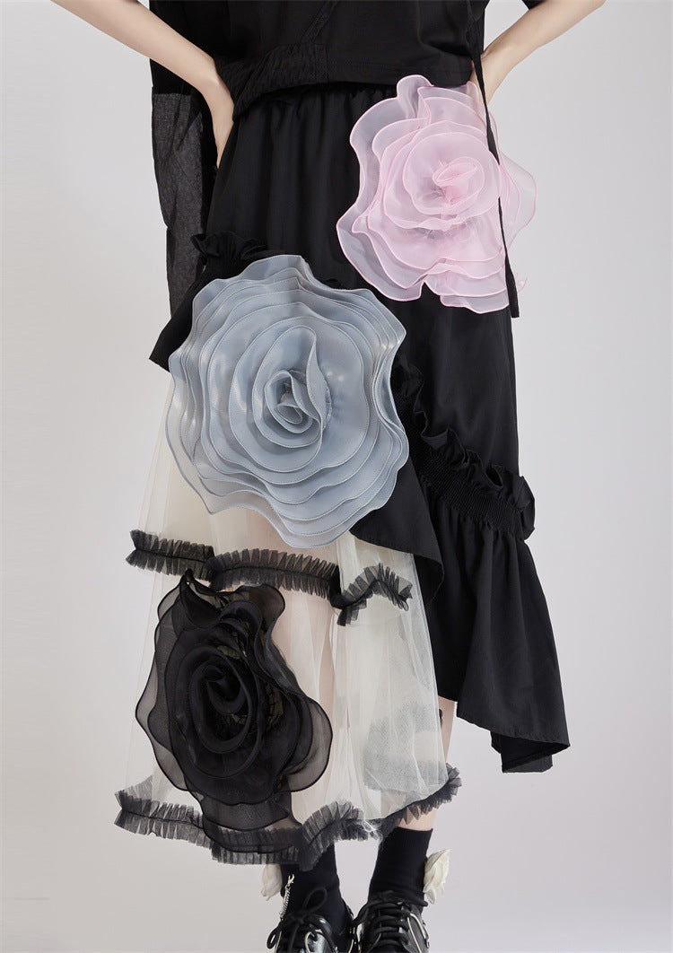 French Vintage Mesh Panel Rose Flare Skirt X3234
