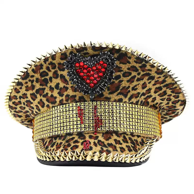 Studded Decorated Leopard Flat Top Hat X2917