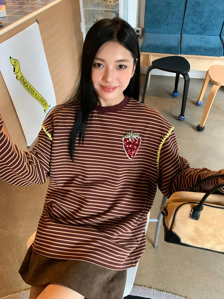 草莓亮片休閒條紋寬鬆T卹X3195