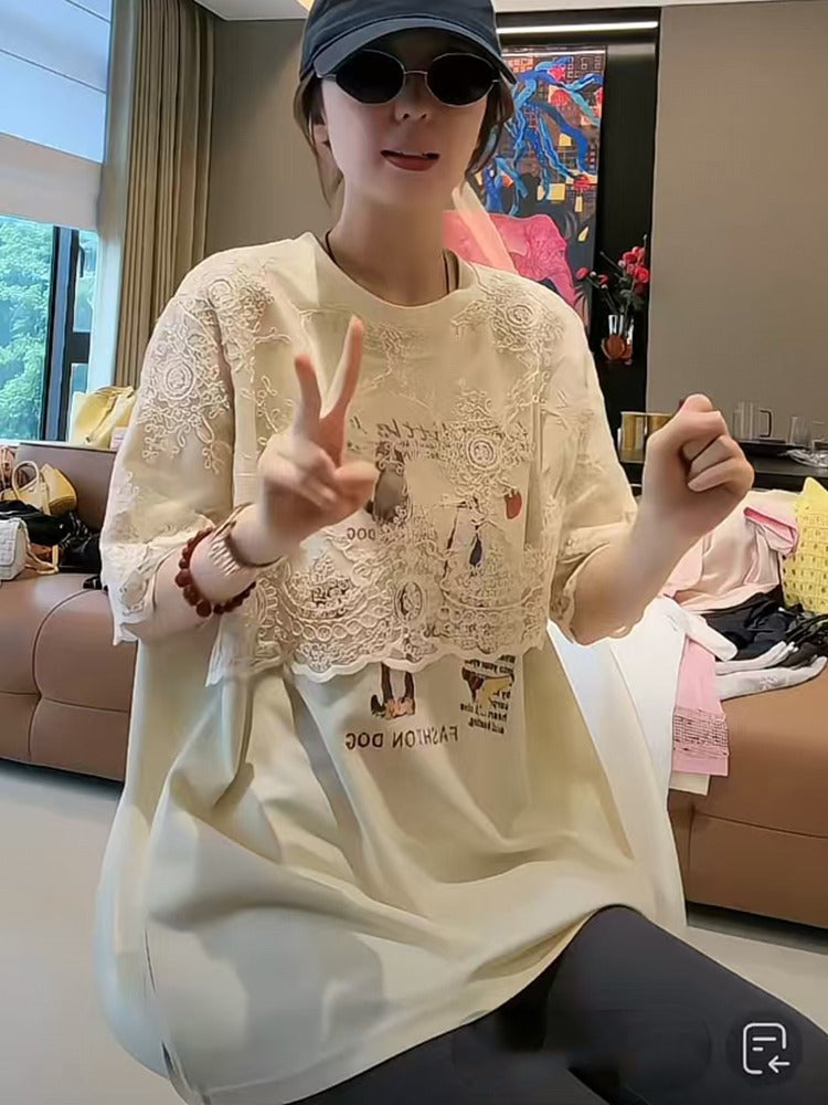Layered-Style Lace Patchwork T-Shirt X3287