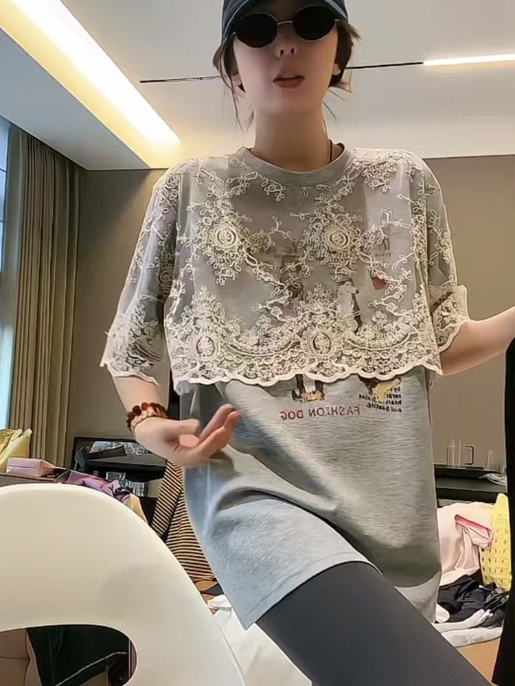 Layered-Style Lace Patchwork T-Shirt X3287