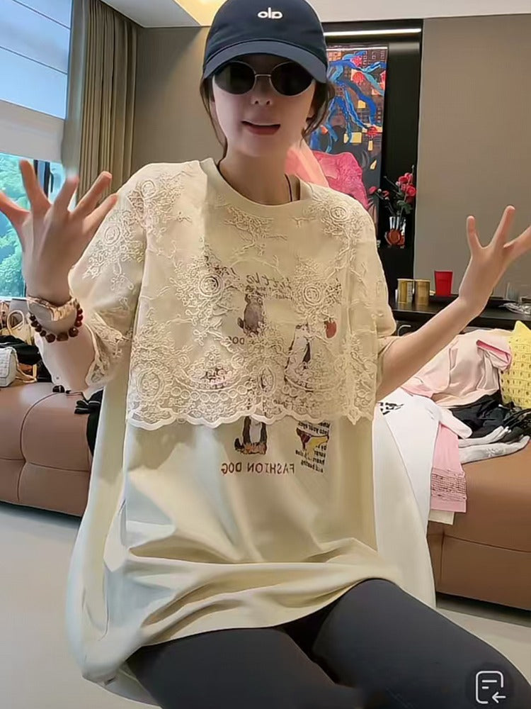 Layered-Style Lace Patchwork T-Shirt X3287