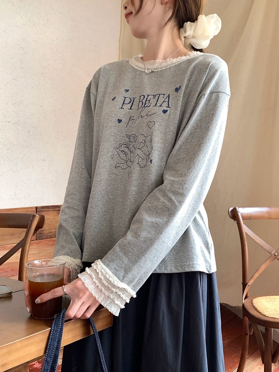 甜美蕾絲拼布長袖T卹 X3198