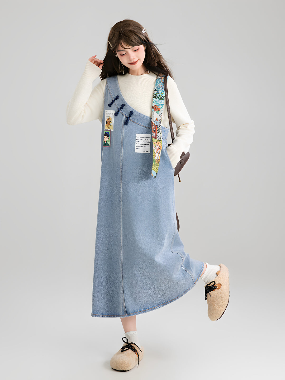 Art Print Denim Jumper Dress X3671