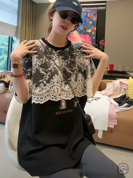 Layered-Style Lace Patchwork T-Shirt X3287