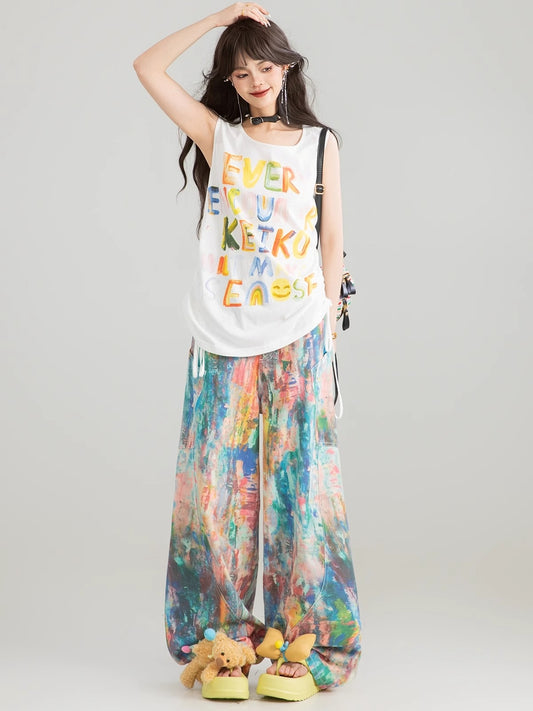 Watercolor Floral Wide-Leg Denim Pants X3255