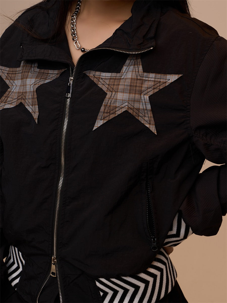 Spring New Black Plaid Star Oversized Jacket X3390