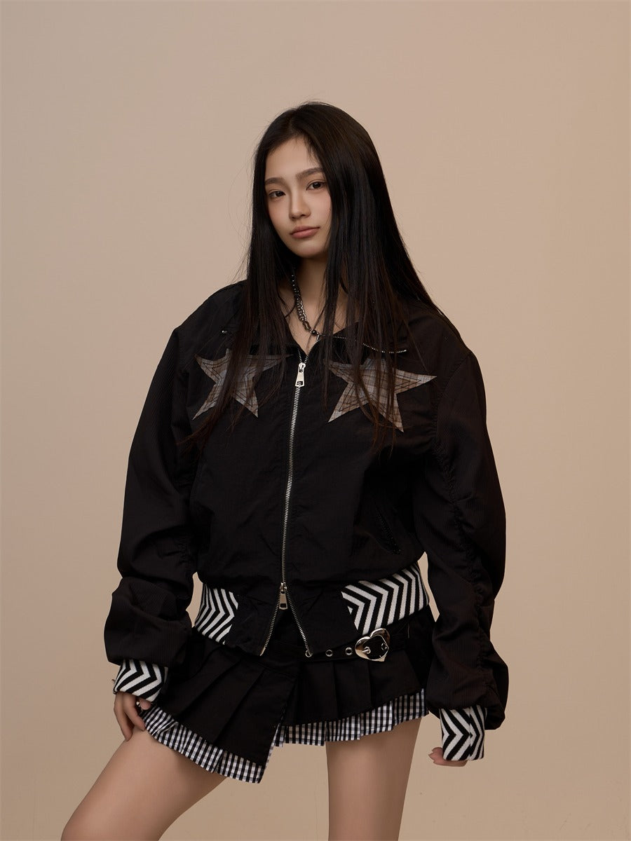 Spring New Black Plaid Star Oversized Jacket X3390